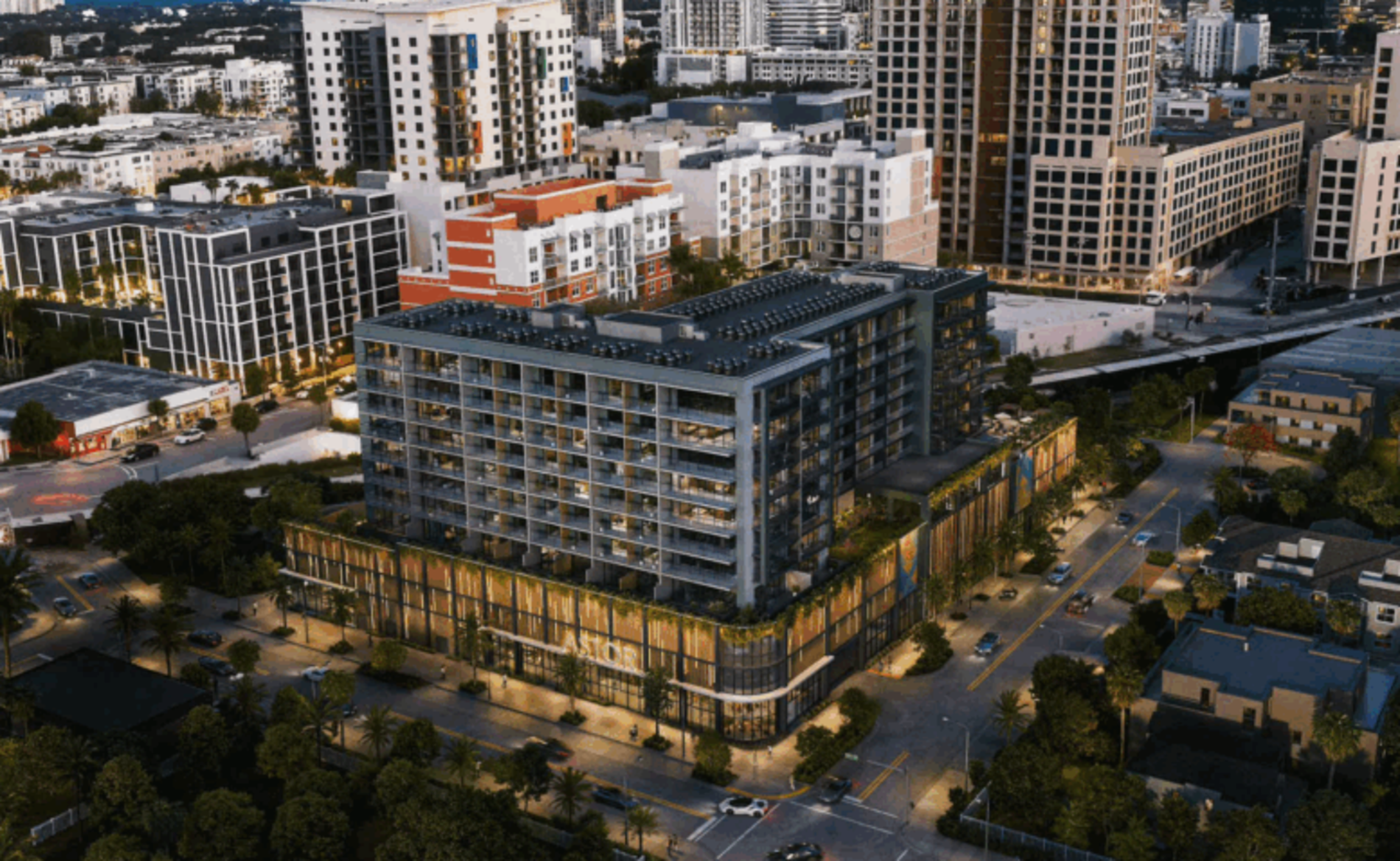 Aerial rendering of Astor Progresso Village showing 12-story mixed-use development surrounded by urban Fort Lauderdale skyline.